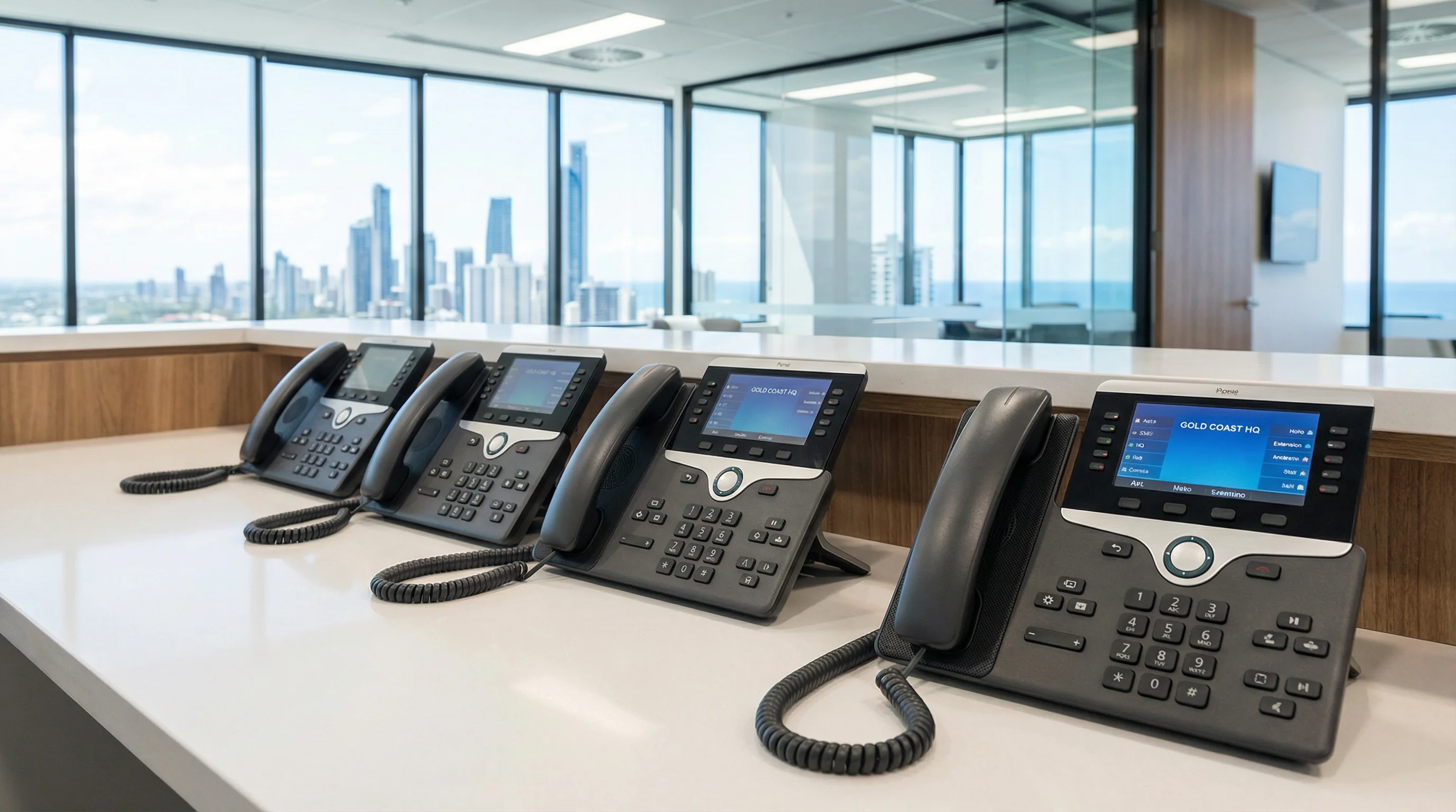 Business phone system handsets in Gold Coast office — IP desk phones
