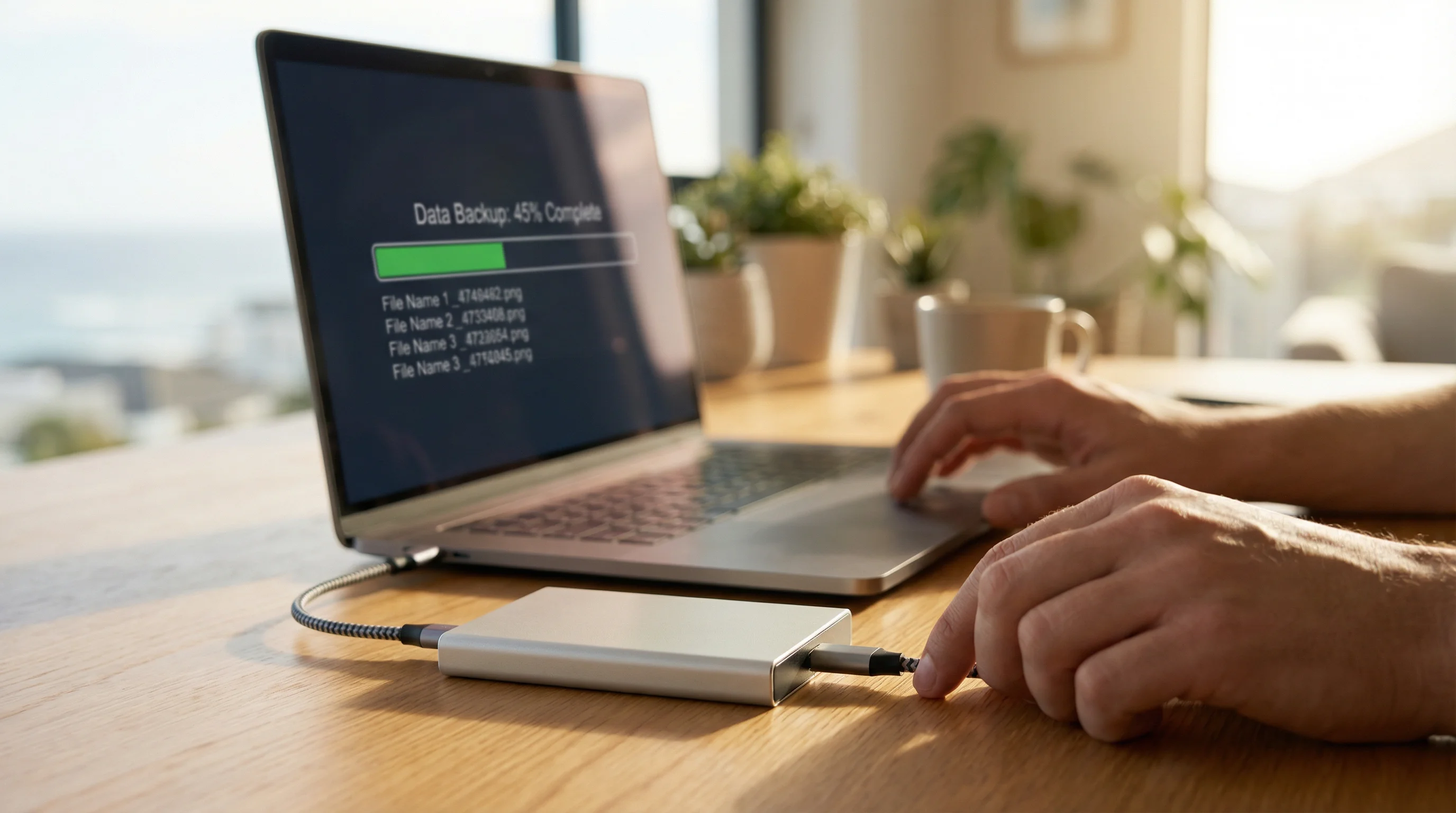 Data backup and recovery in progress on a laptop at a Gold Coast home — external hard drive connected