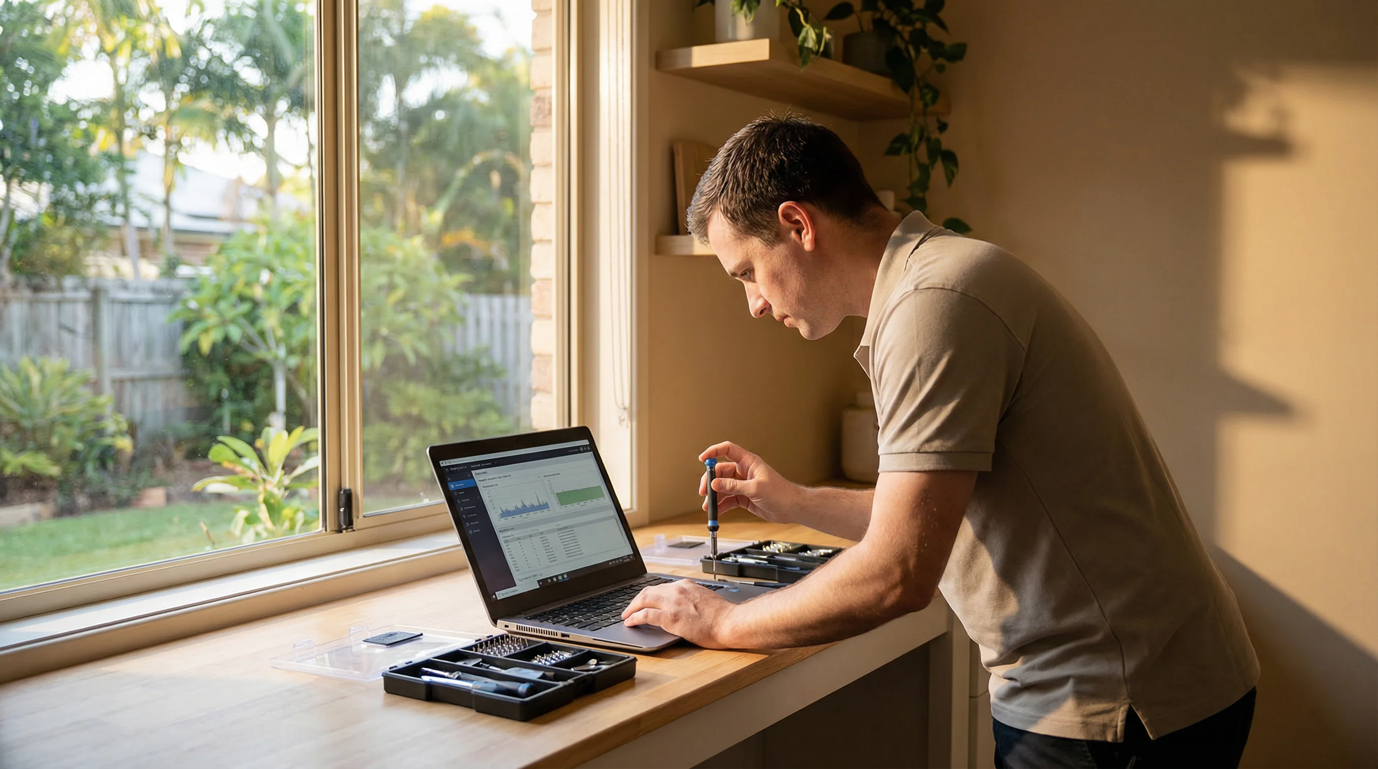 Computer repair technician fixing a laptop at a Gold Coast home — on-site repair service