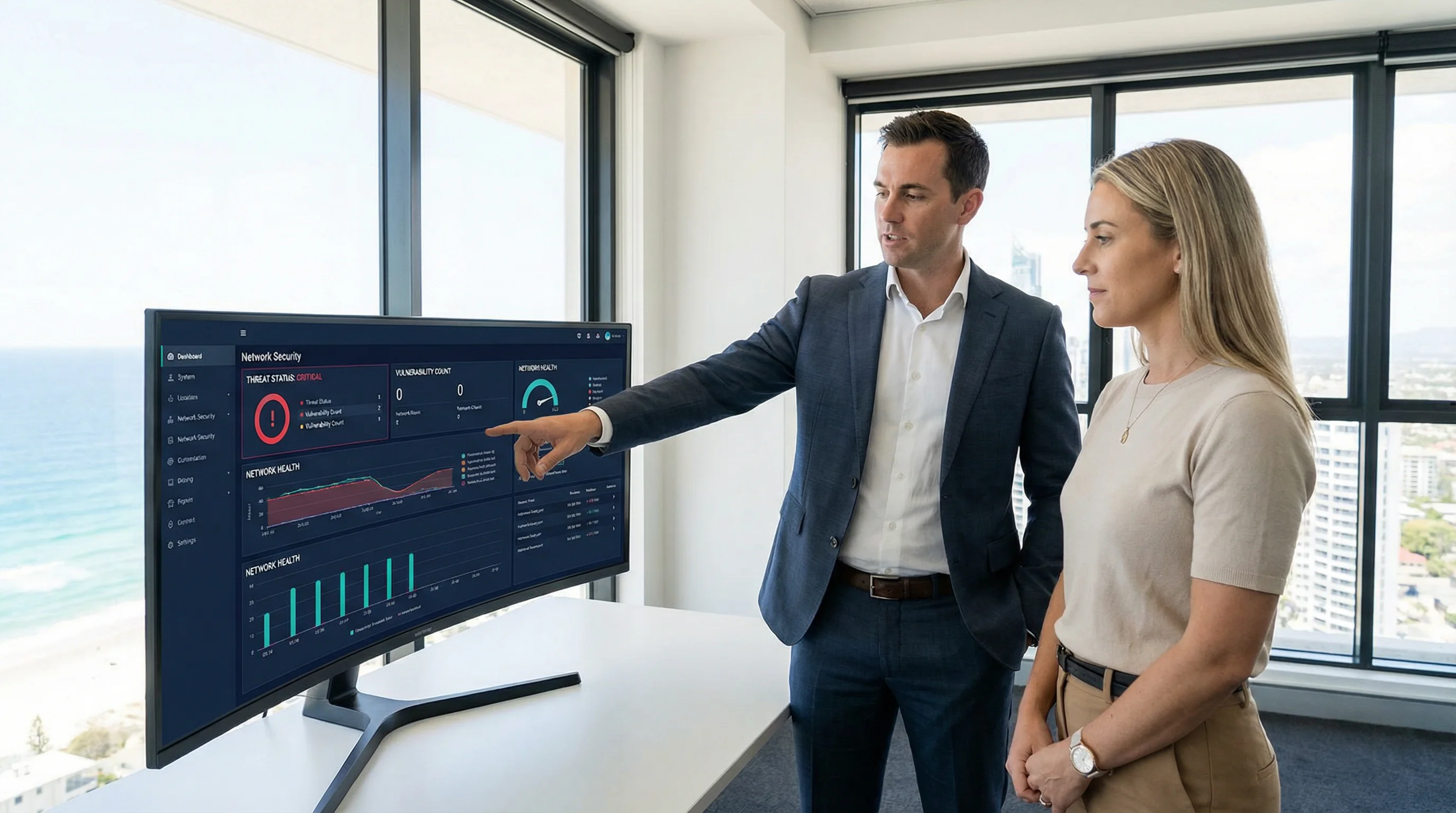 IT consultant presenting a cybersecurity assessment to a Gold Coast business owner on a large monitor