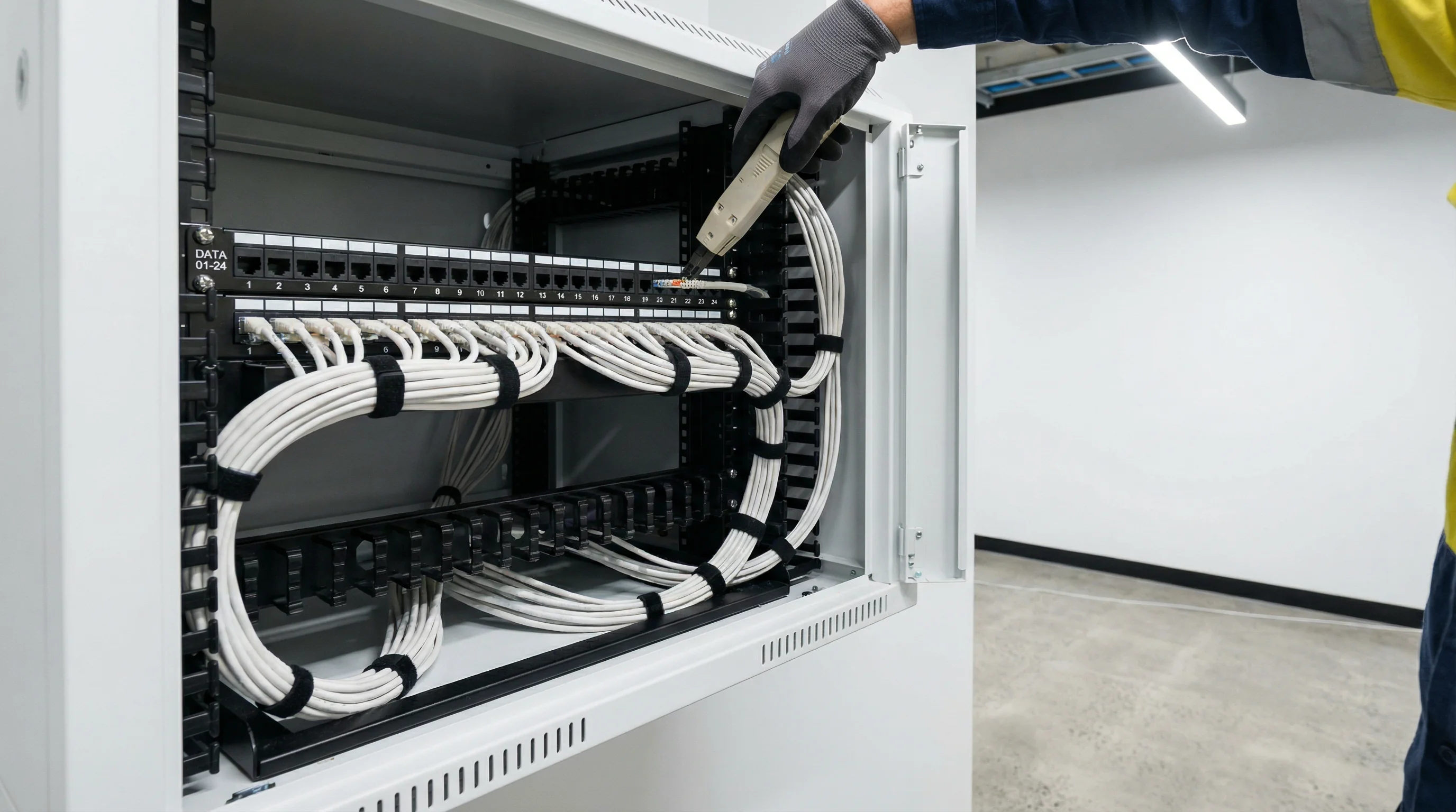 Data cabling technician terminating Cat6 cables on a patch panel inside a data cabinet — Gold Coast IT support