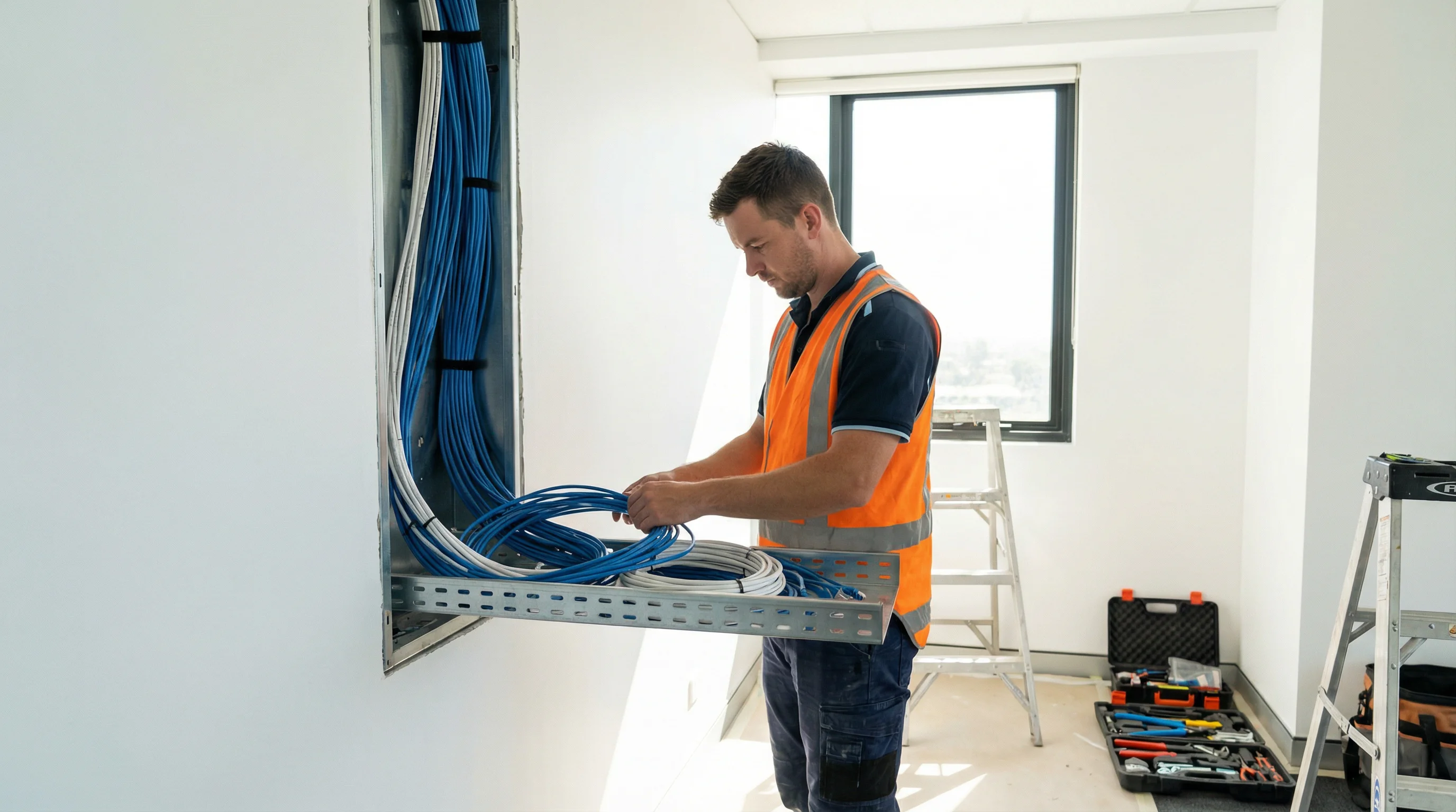 Telecommunications contractor installing structured data cabling in a Gold Coast commercial office