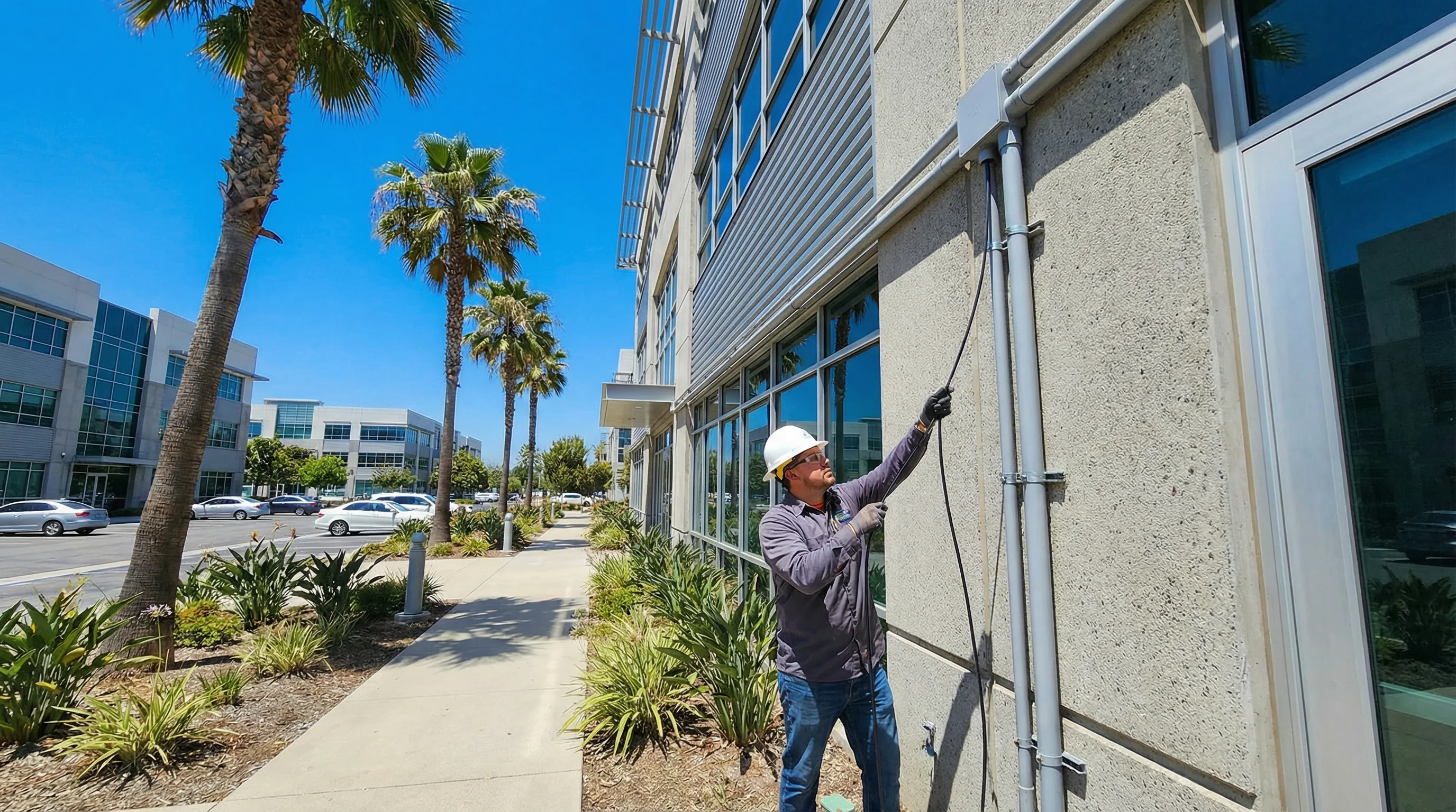 Outdoor UV-rated data cabling installed through conduit on a commercial building exterior — Gold Coast