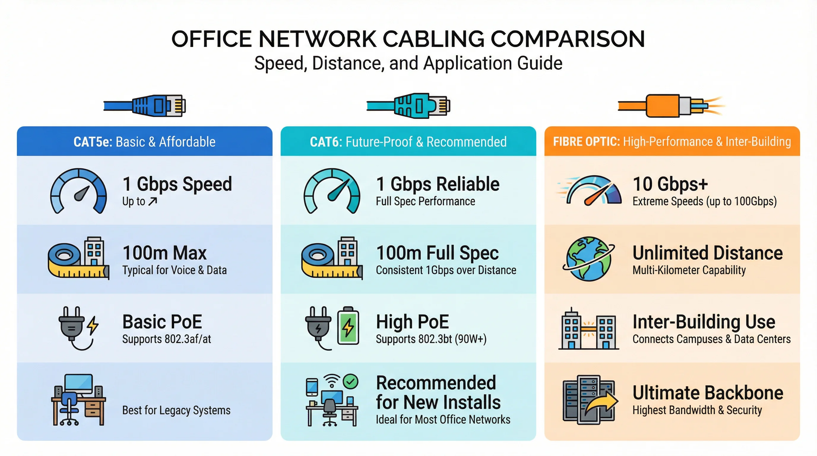 Cat5e, Cat6 and fibre optic data cabling comparison infographic — Gold Coast office networks