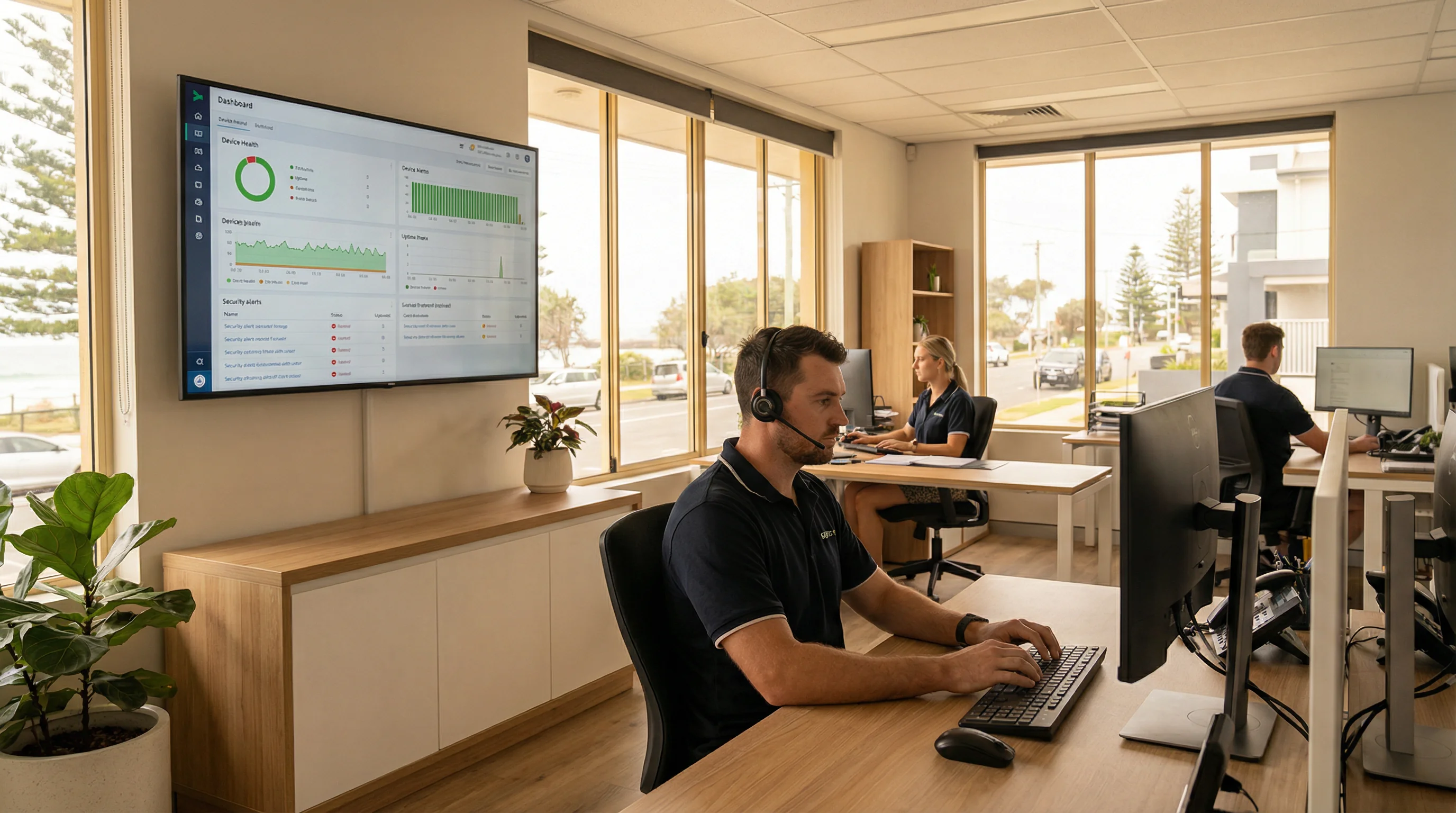Managed IT services Gold Coast — remote device monitoring dashboard in a small business office