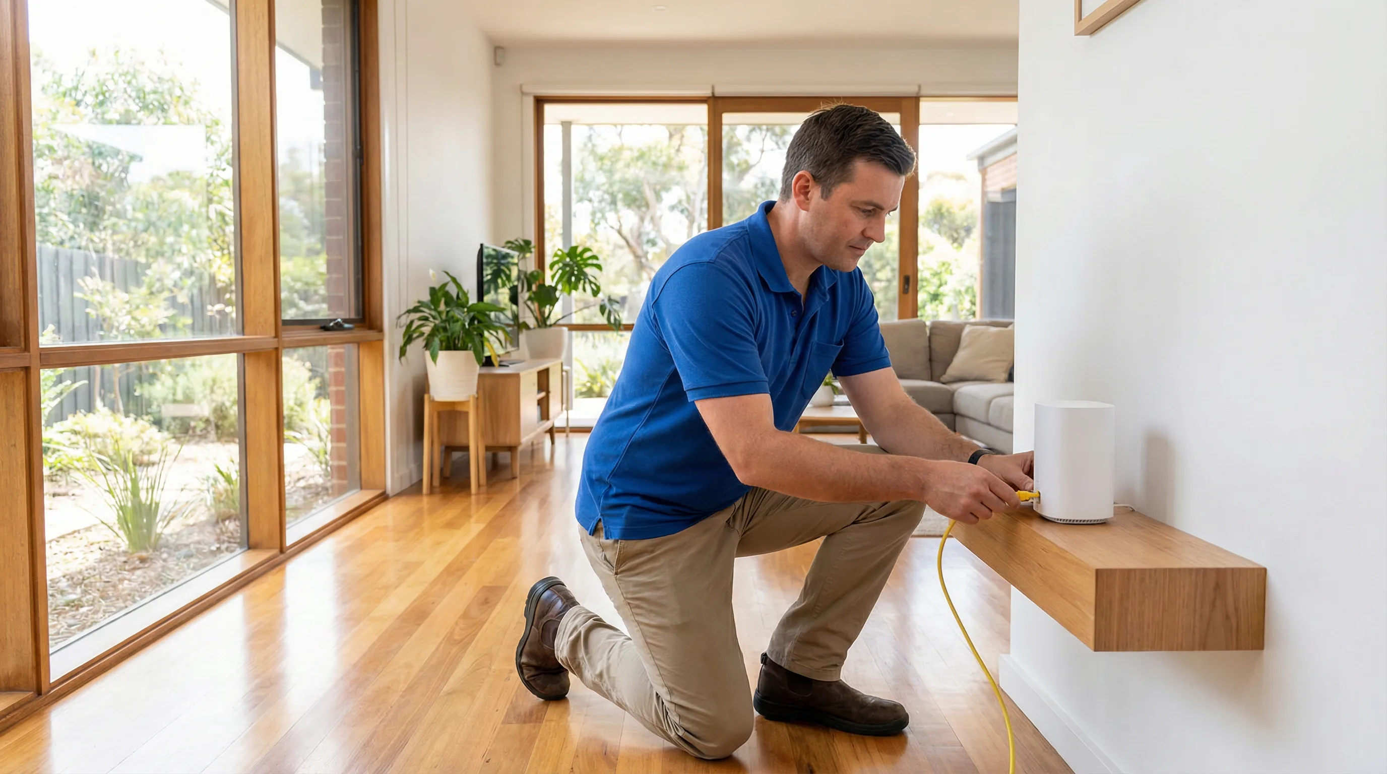 Technician installing a mesh WiFi node in a Gold Coast home