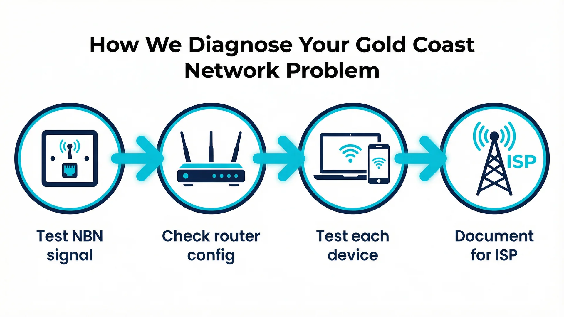 Infographic showing the 4-step network troubleshooting diagnostics process used at Gold Coast homes