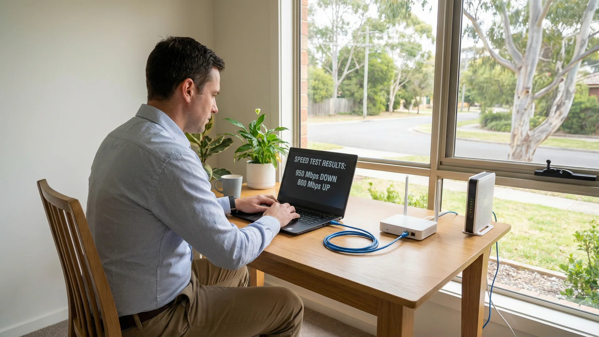 IT technician running network troubleshooting diagnostics at a Gold Coast home, testing internet speed via ethernet connection