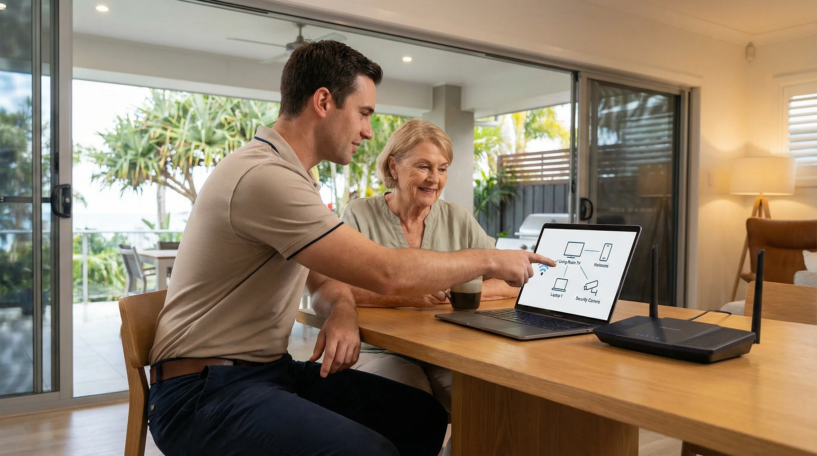 IT technician explaining network security audit results to Gold Coast homeowner