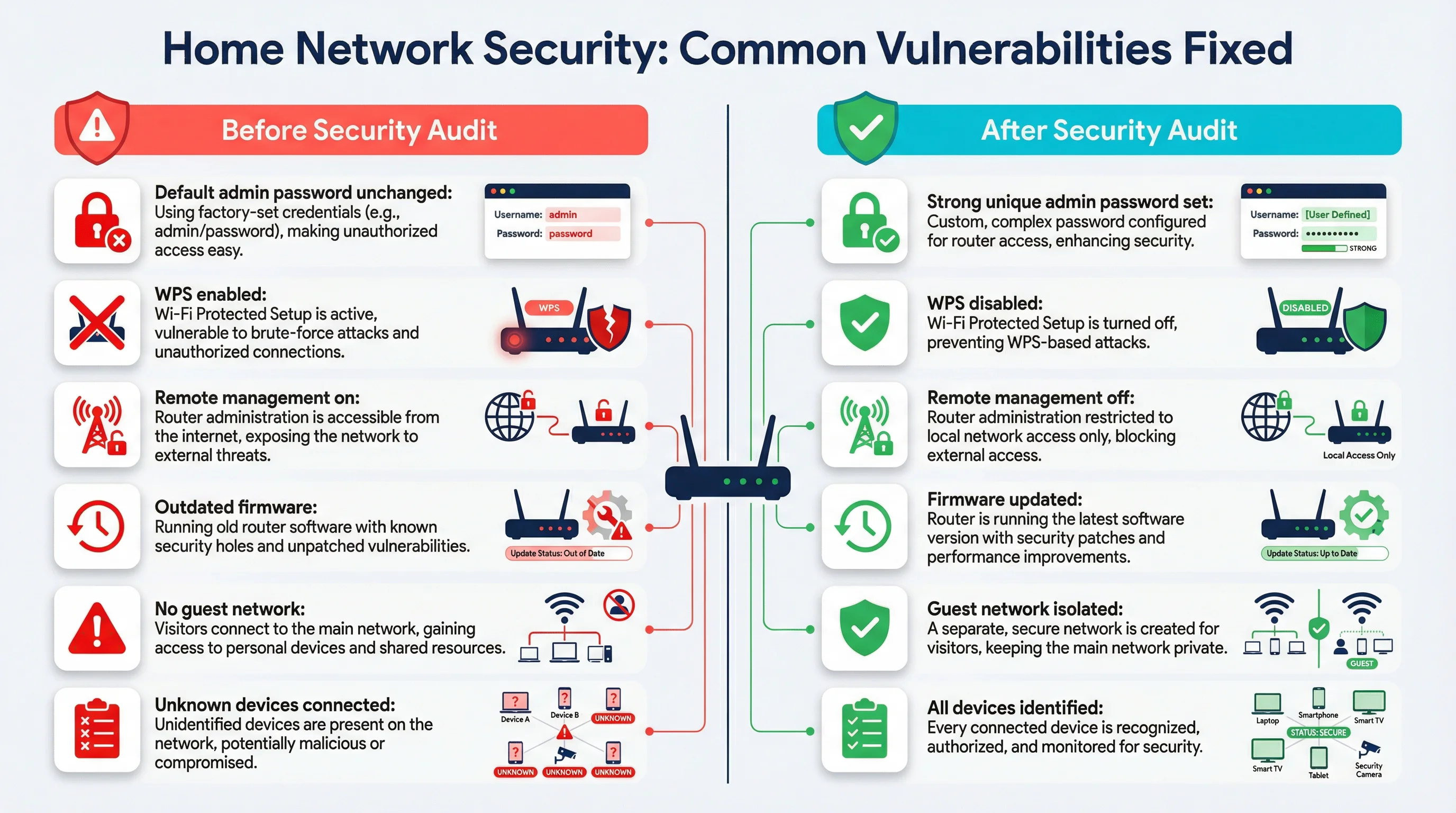 Home network security vulnerabilities before and after audit — Gold Coast firewall configuration