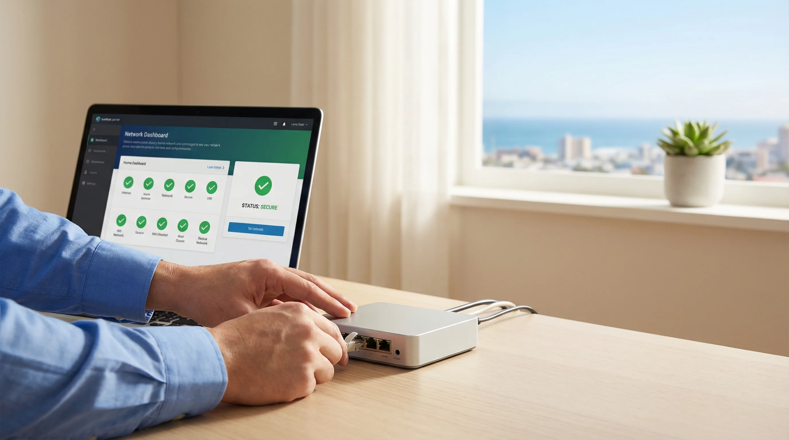 Technician configuring home network security settings on a router in a Gold Coast home office