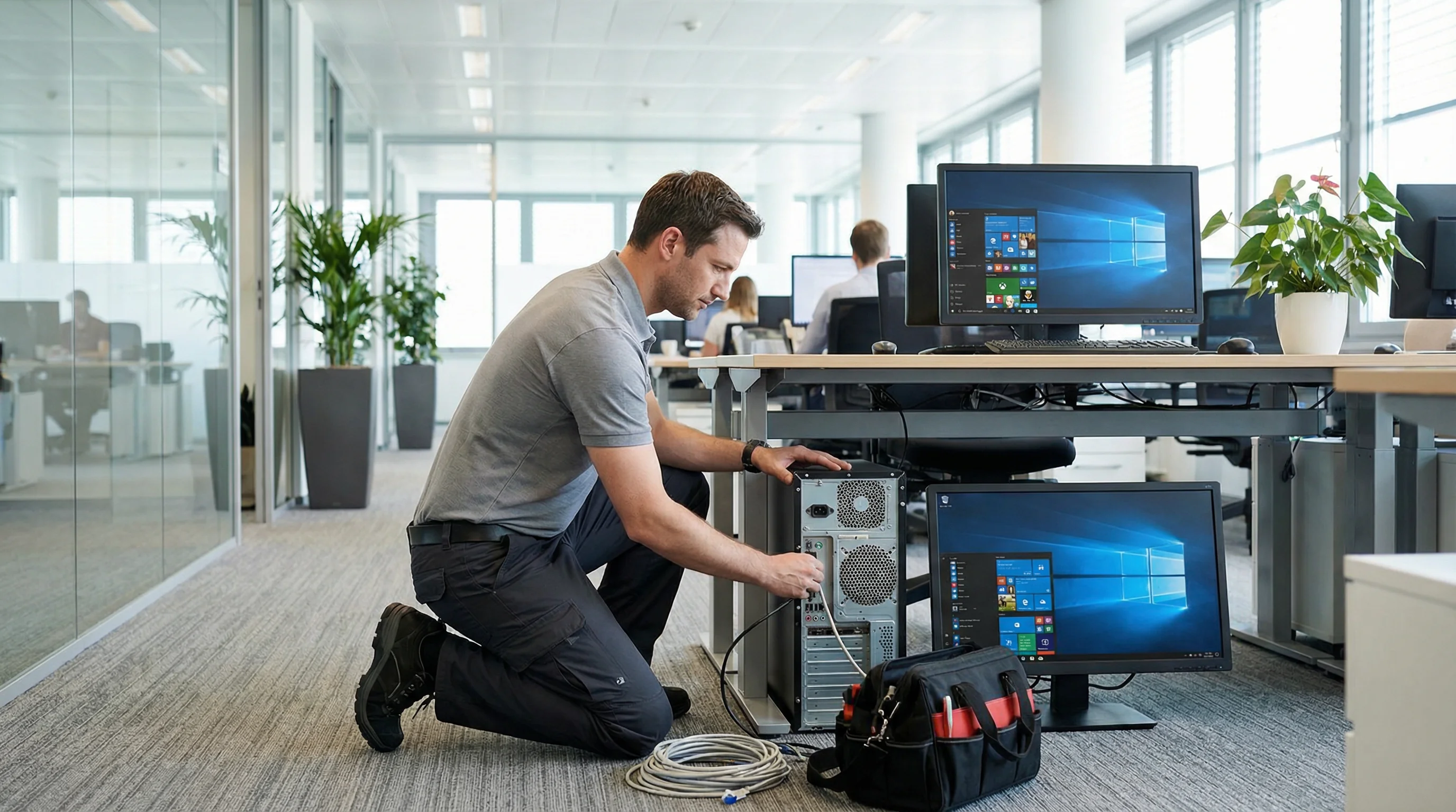 On-site technical support technician repairing a workstation at a Gold Coast business office