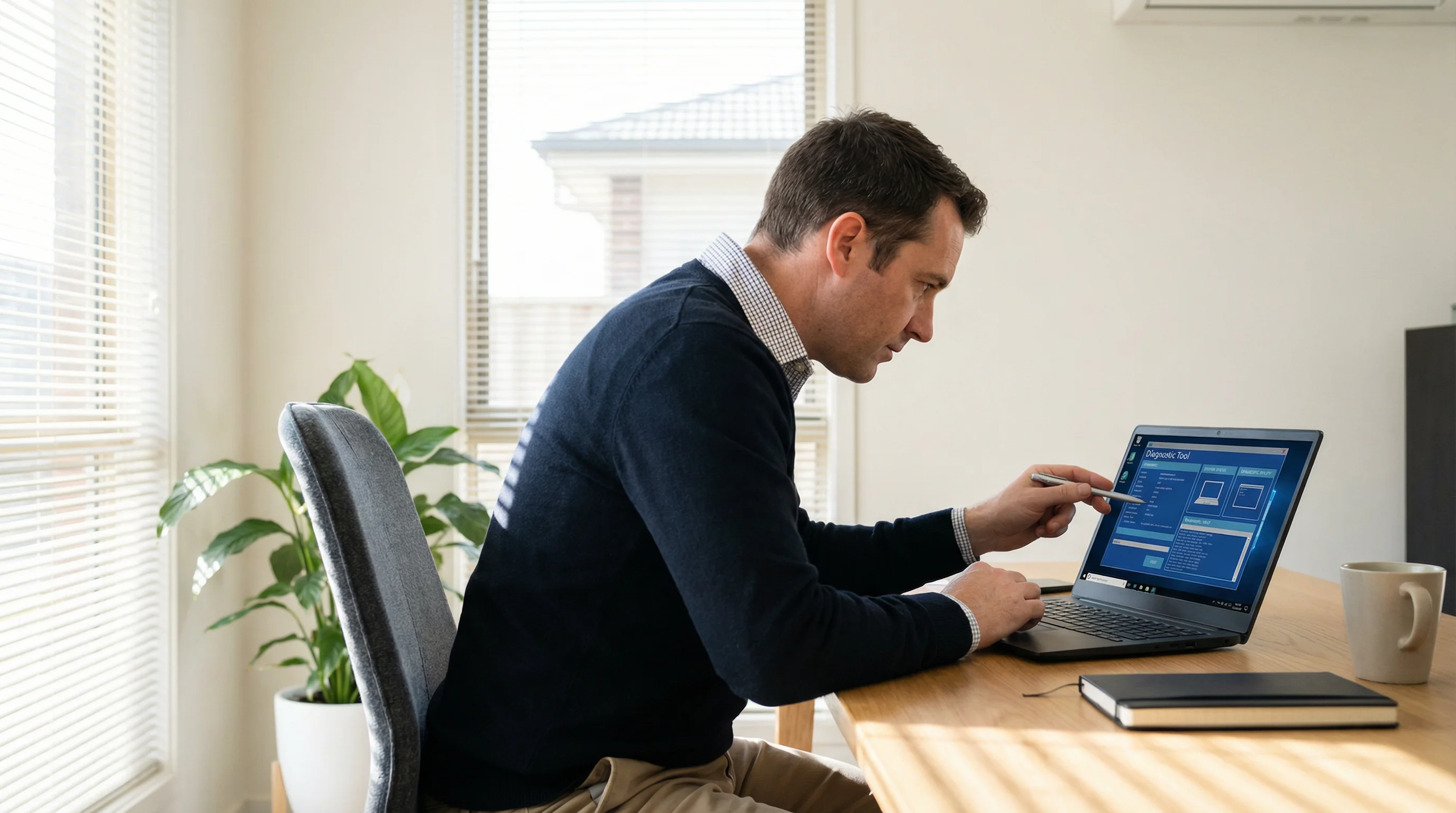 OS troubleshooting technician diagnosing a laptop at a Gold Coast home