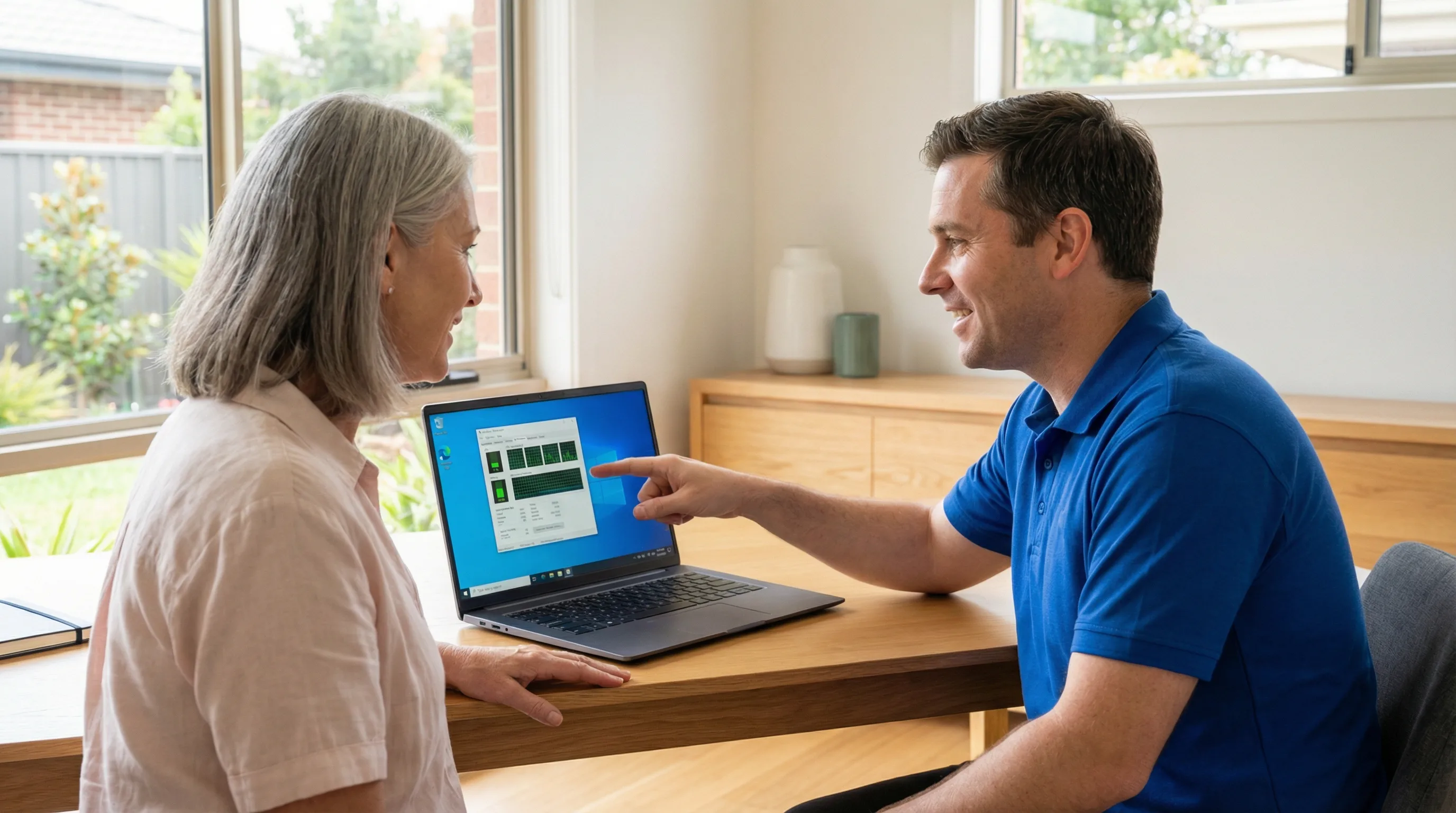 IT technician diagnosing slow computer performance at a Gold Coast home