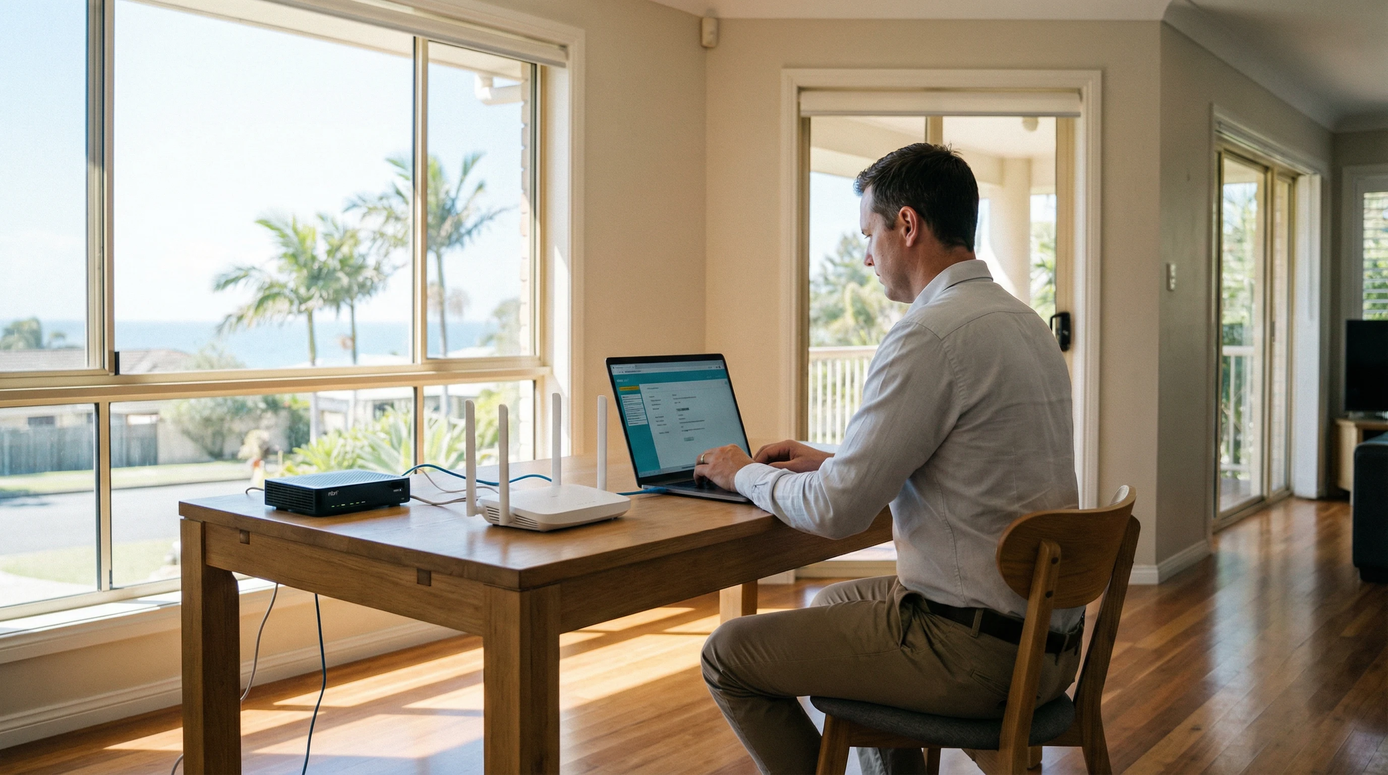 IT technician configuring a router and modem at a Gold Coast home