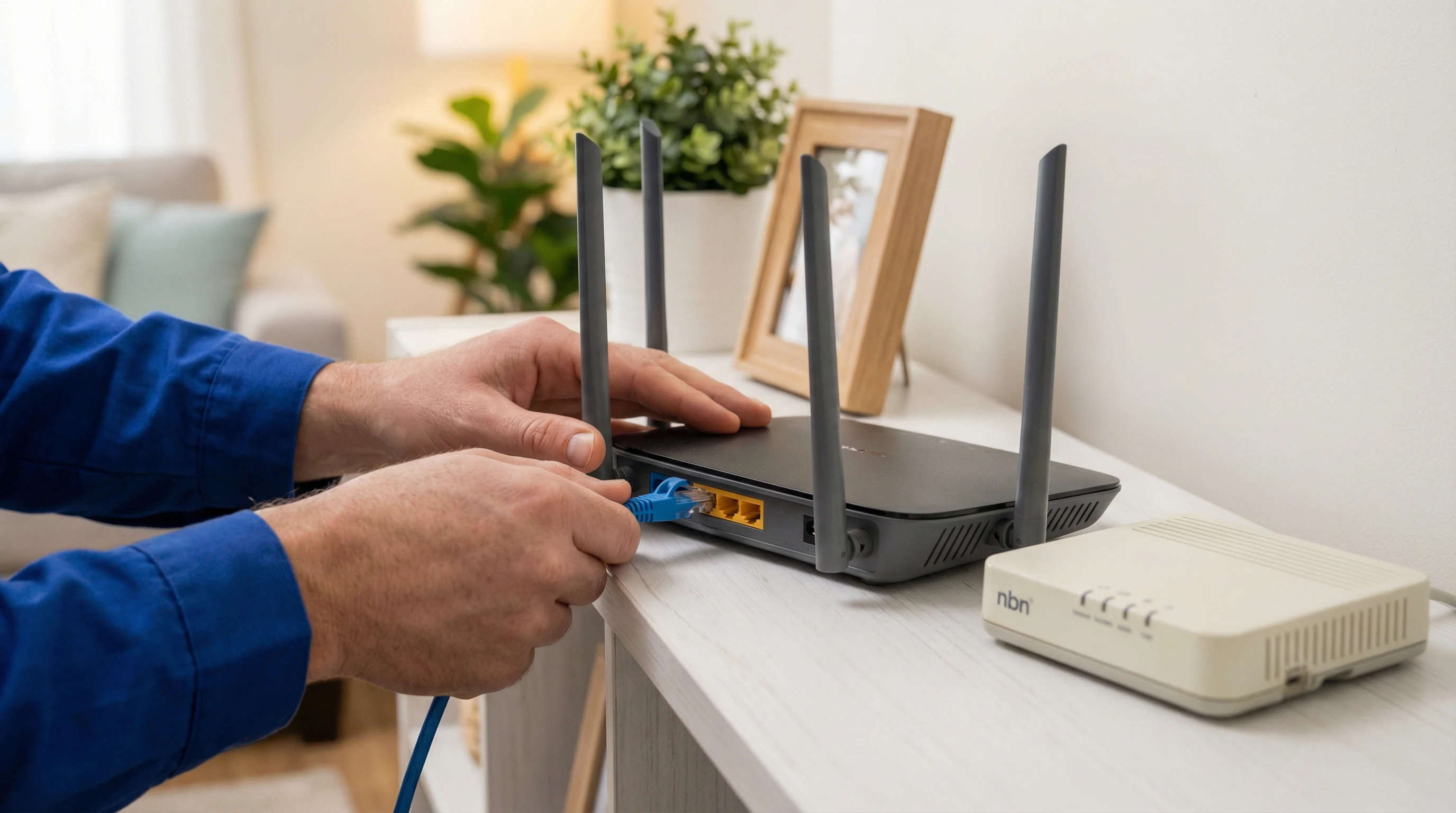 Technician connecting ethernet cable to router and NBN modem on Gold Coast