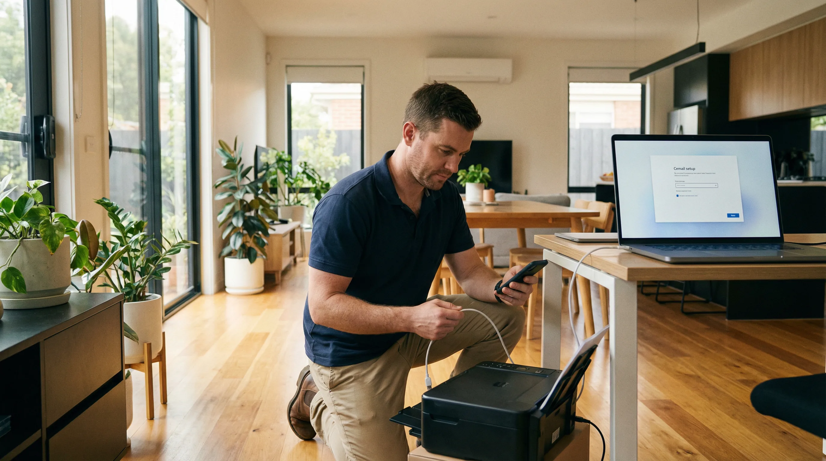 Technician setting up a wireless printer and email configuration at a Gold Coast home