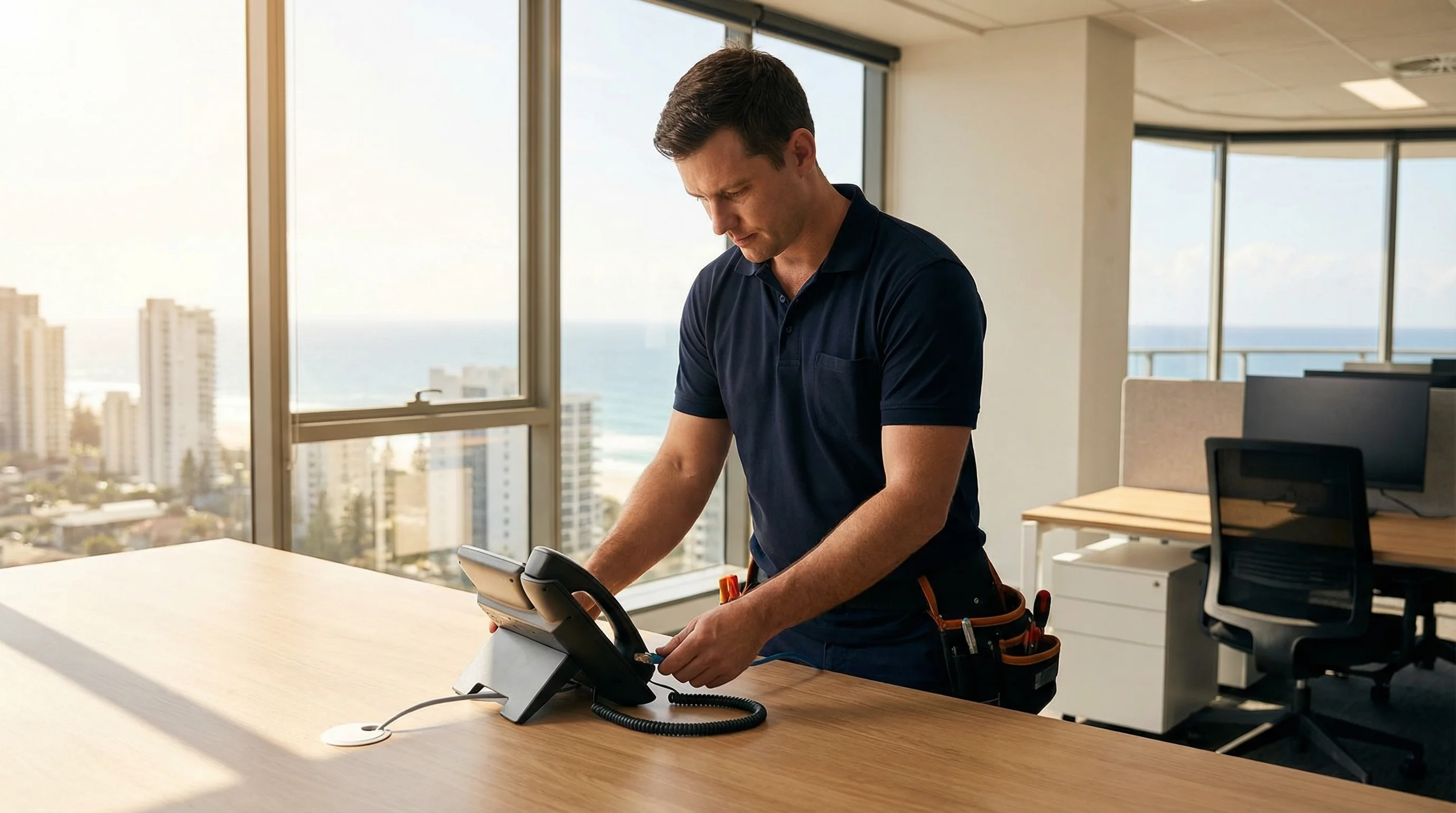 Telecommunications contractor installing a VoIP business phone in a Gold Coast office with coastal views