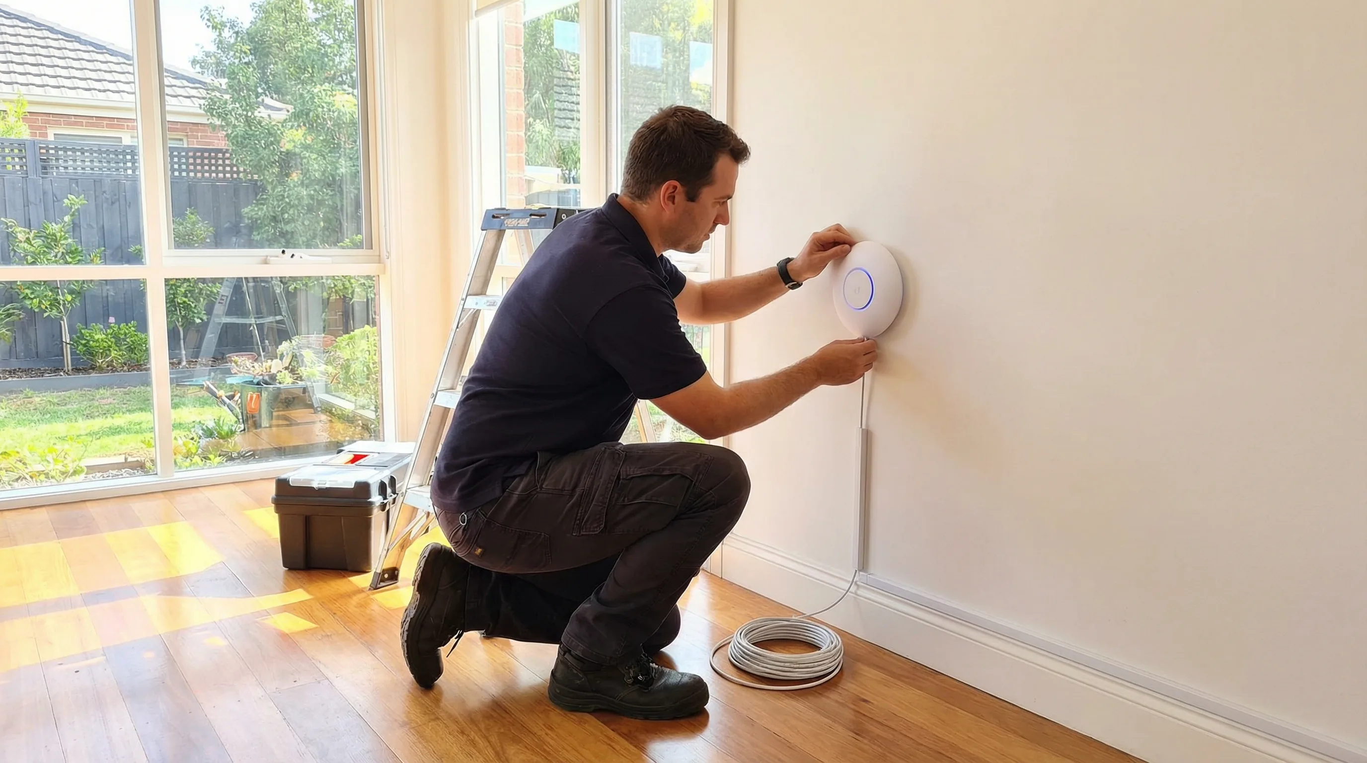 Technician installing a Ubiquiti UniFi access point with ethernet cable in a Gold Coast home