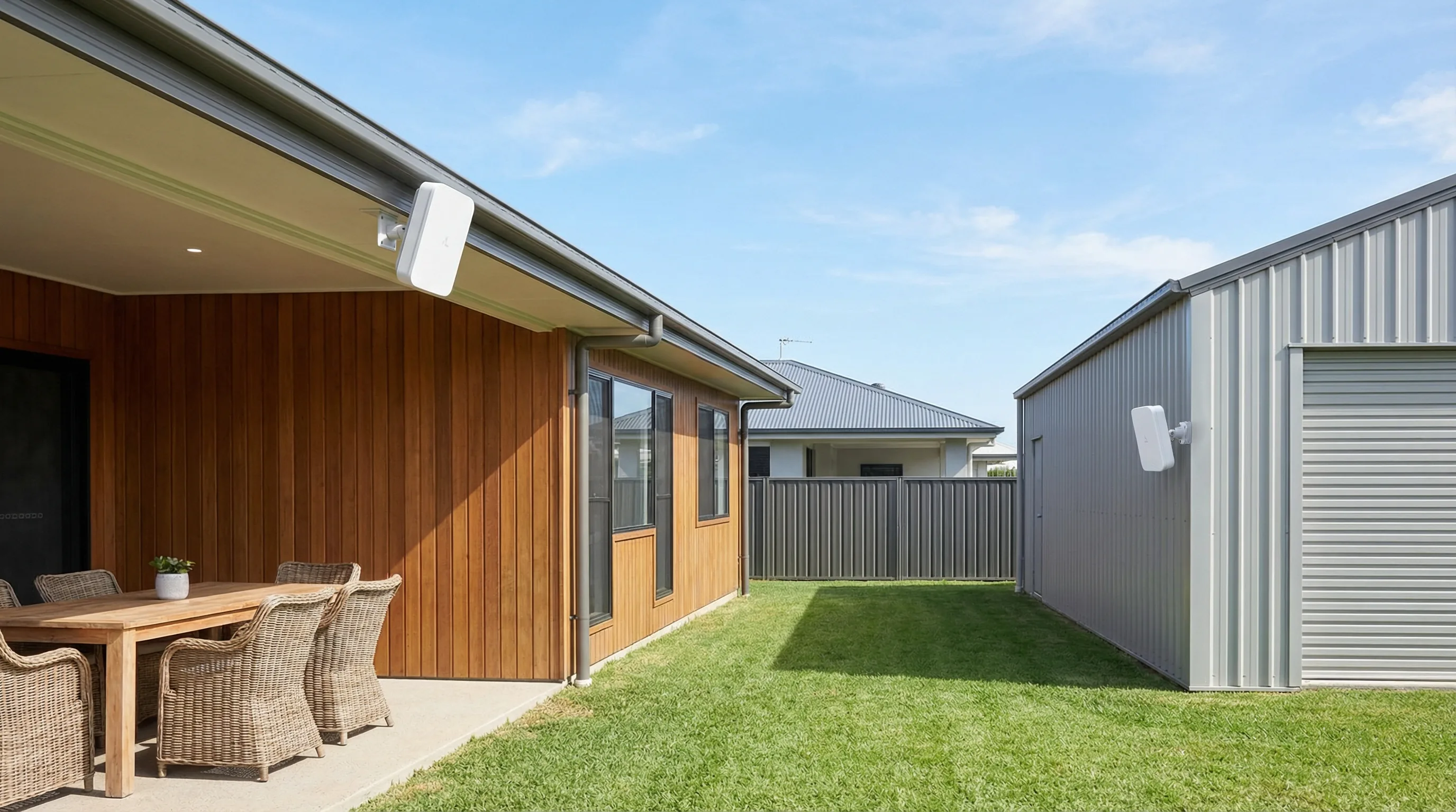Point-to-point wireless bridge units mounted on a house and shed on a Gold Coast acreage property
