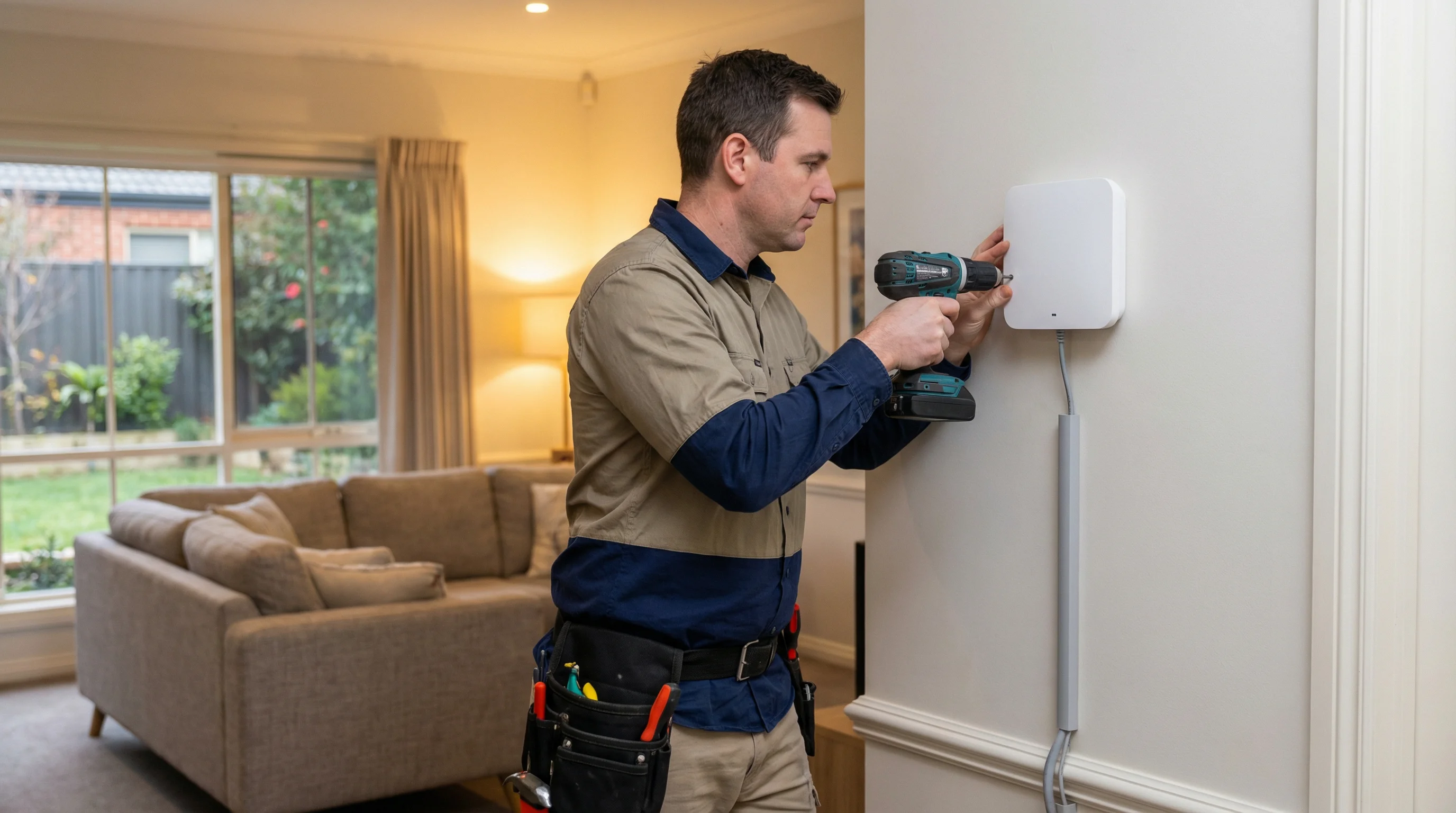 IT technician mounting a wired access point for WiFi range extension in a Gold Coast home