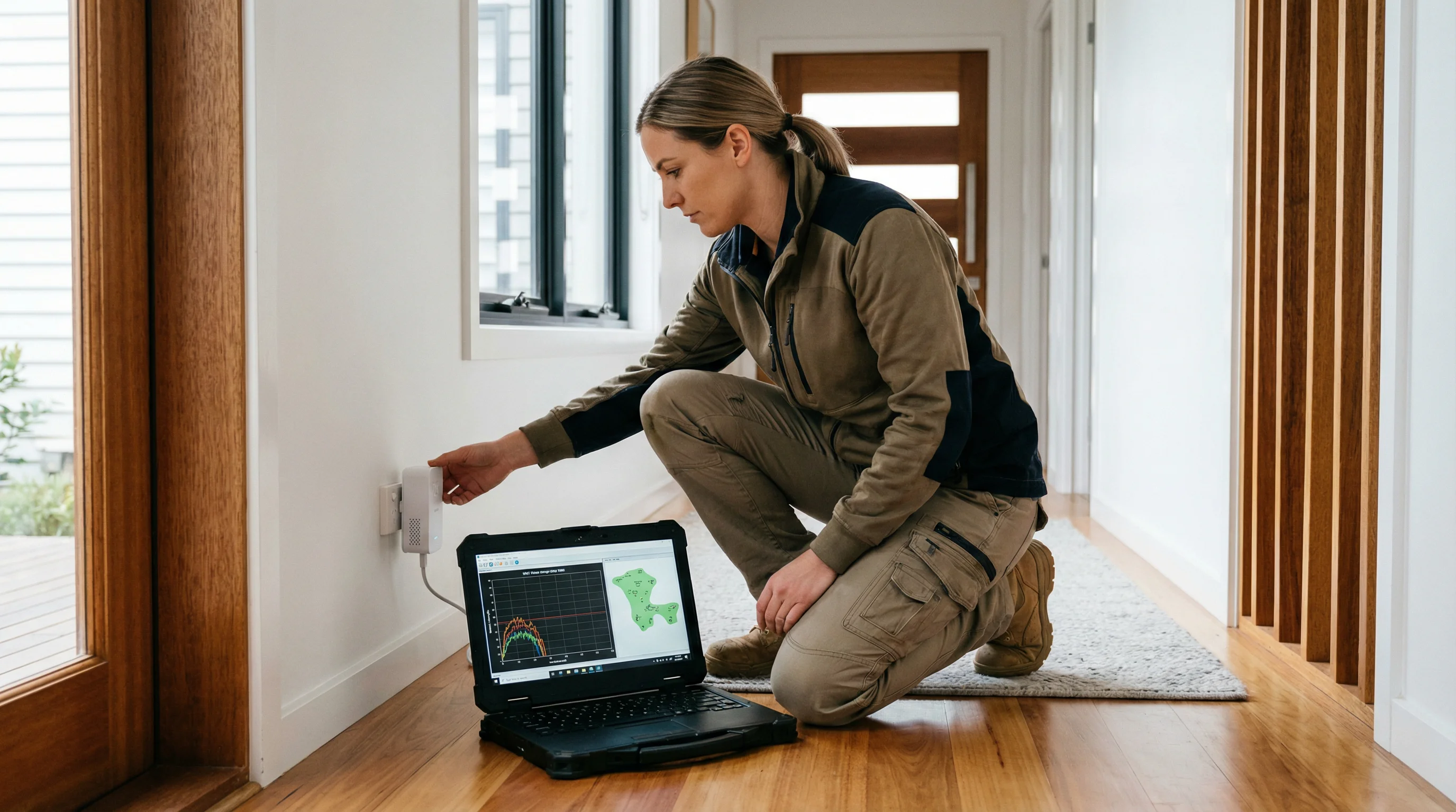 IT technician installing a powerline adapter for WiFi extension in a Gold Coast home